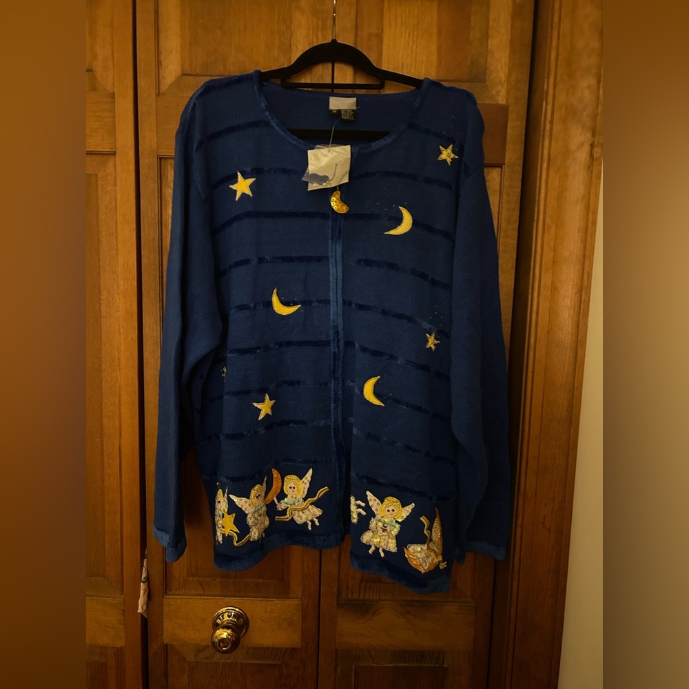 Blue Embroidered Moon & Angel Sweater Cardigan